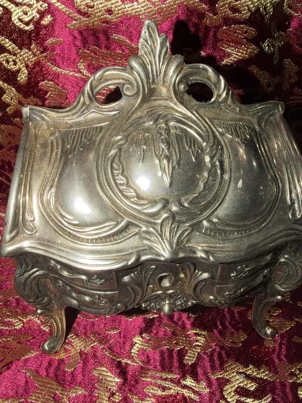 Vintage Ornate Cast Metal Jewelry Casket with Red Velvet Lining